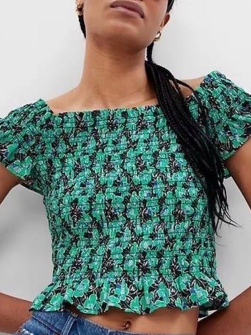 GAP Green Floral Smocked Crop Top